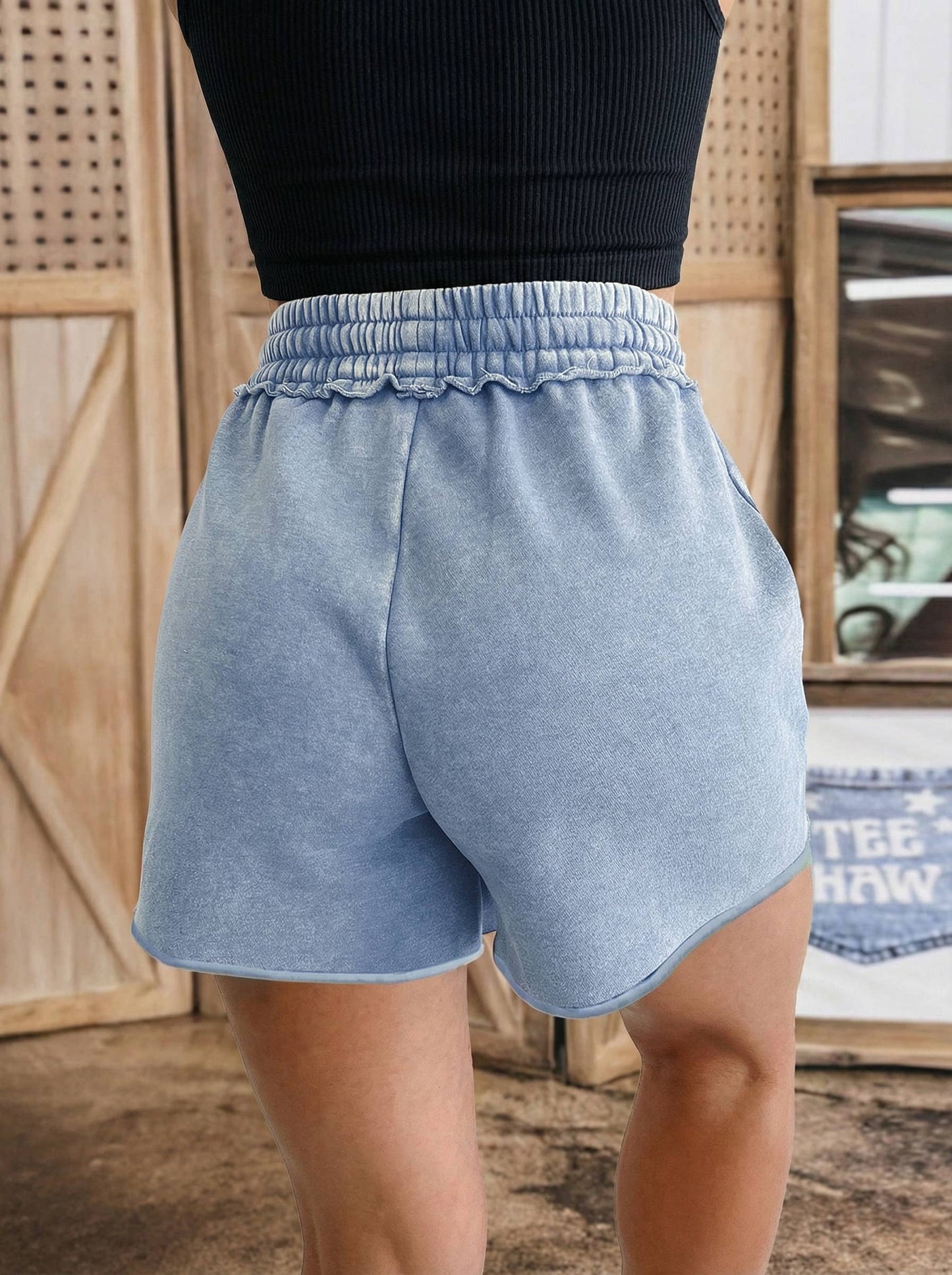 Mineral Washed Drawstring Elastic Waist Raw Cut Shorts