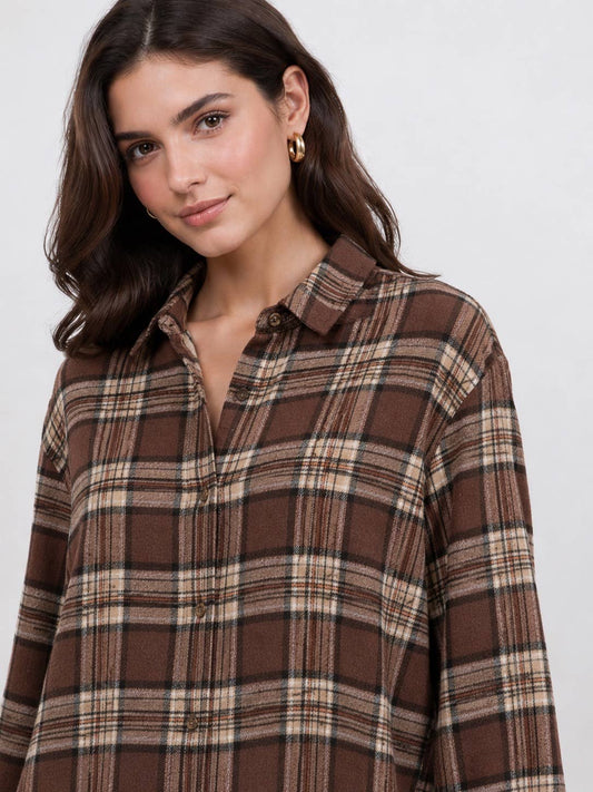 Women's Plaid Back Shirring Button Shirt