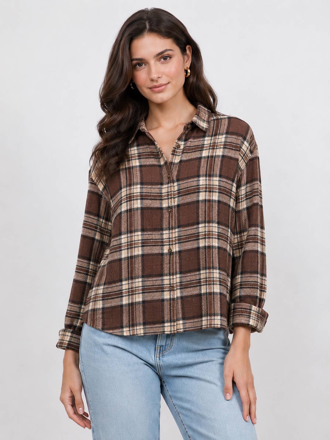 Women's Plaid Back Shirring Button Shirt