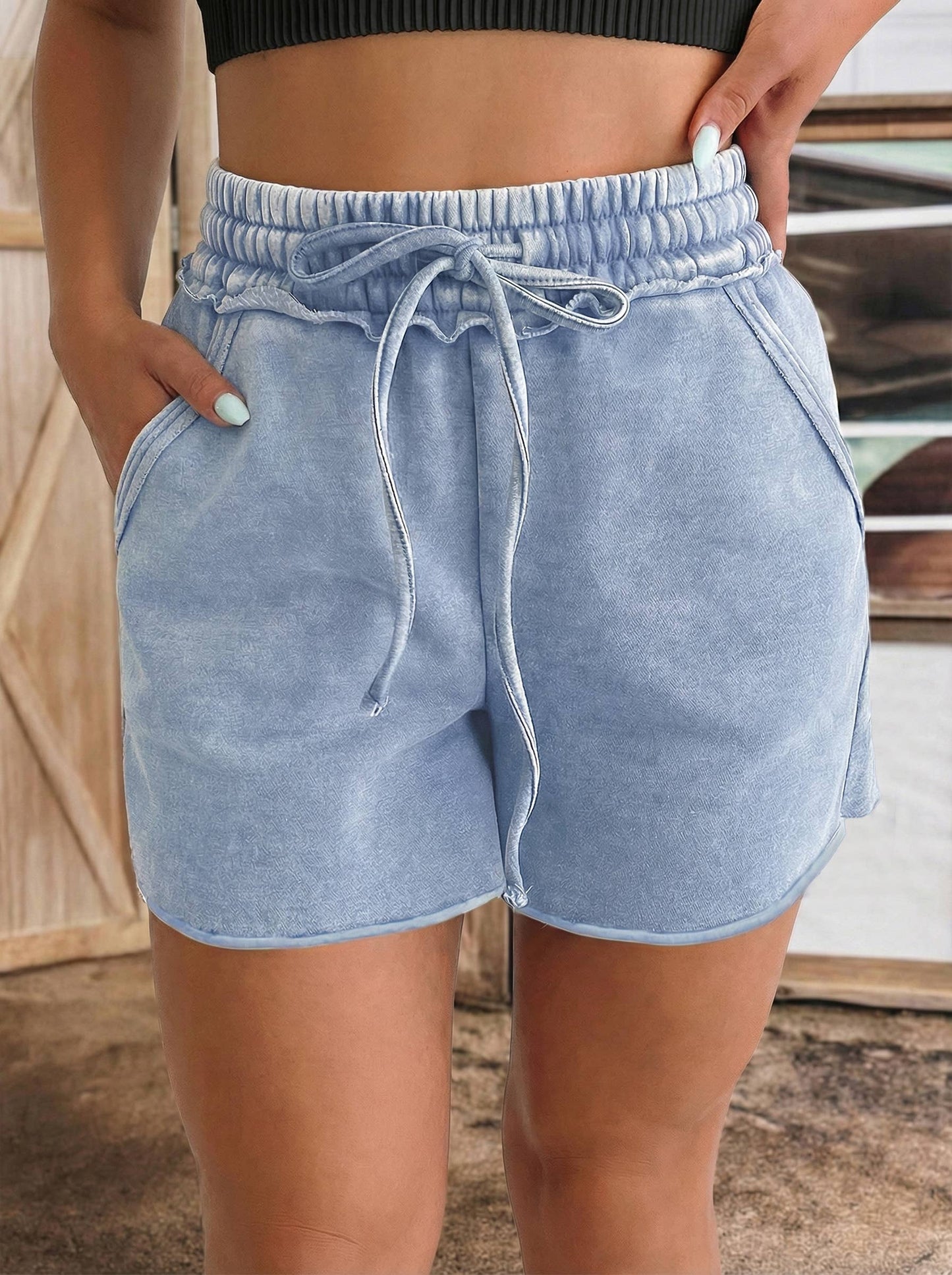 Mineral Washed Drawstring Elastic Waist Raw Cut Shorts