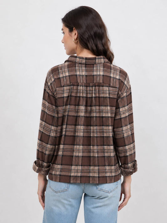 Women's Plaid Back Shirring Button Shirt